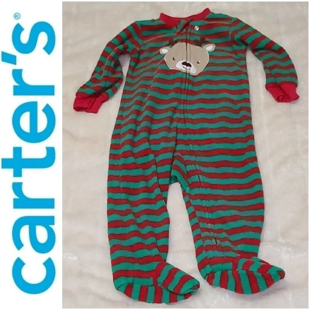 Carter’s Baby Christmas Pajamas 9M Reindeer Fleece Footed Sleeper Red Green Pjs